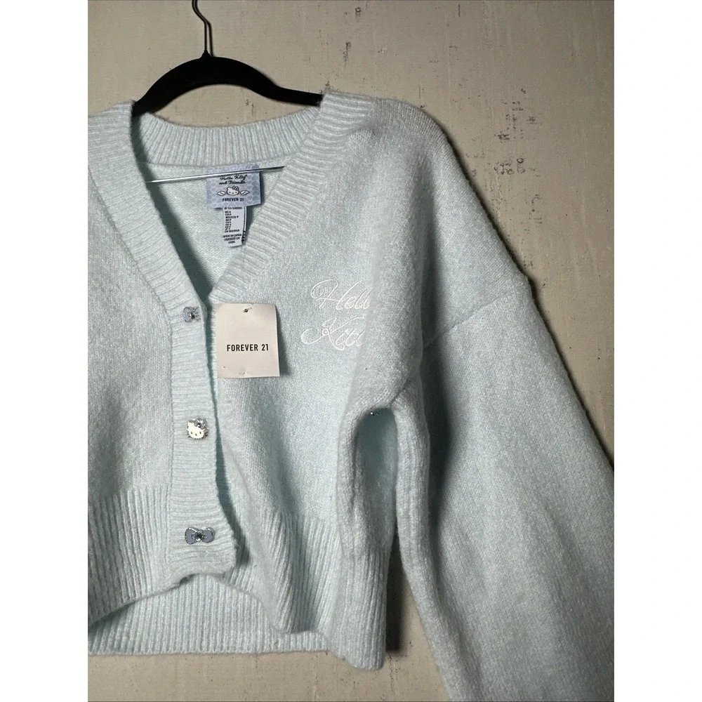 NWT Forever 21 Angel Hello Kitty Knit Blue Cropped Cardigan Sweater | Sz: S - Picture 2 of 12